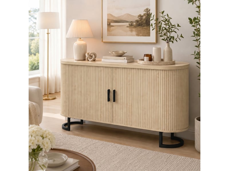  Buffet salon, meuble de rangement ovale avec 2 portes coulissantes et étagères réglables, 140x40x75cm, bois naturel  - Conforama D