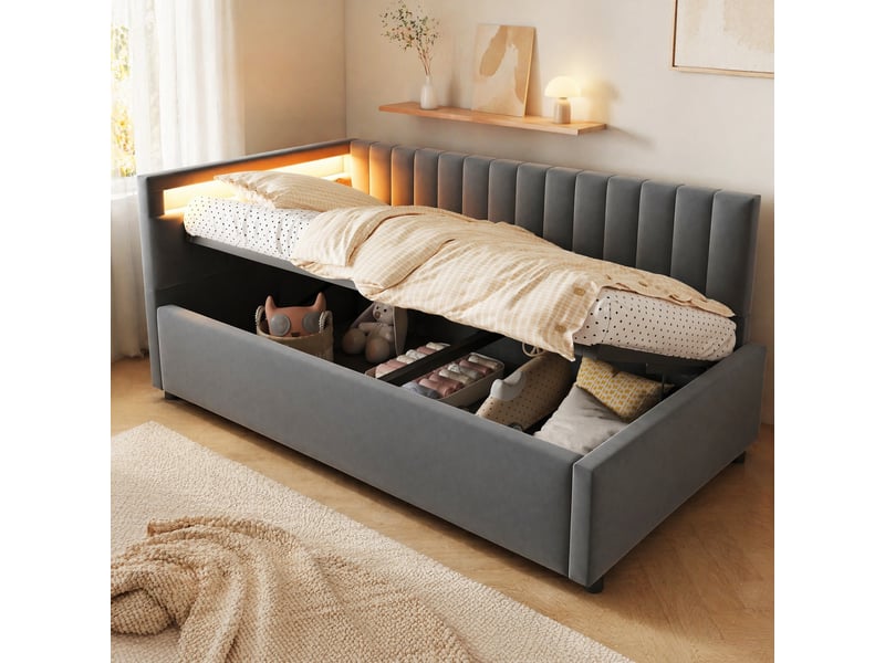  Lit banquette 90x200 cm avec rangement hydraulique et led, velours gris  - Conforama D