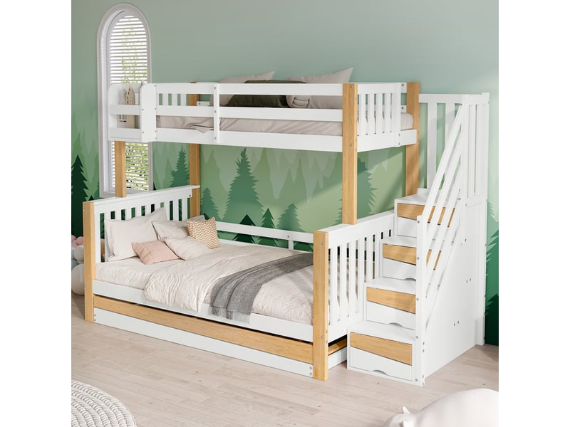 Lit superposé enfant avec lit gigogne, trois positions, escalier coin, 90x200&amp;120x200cm, blanc et naturel  - Conforama C
