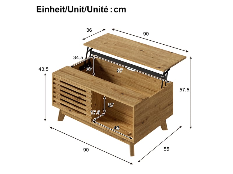  Table basse relevable avec porte coulissante et rangement modulable, style rétro moderne, en mdf naturel 90 × 55 × 57,5 cm  - Conforama C
