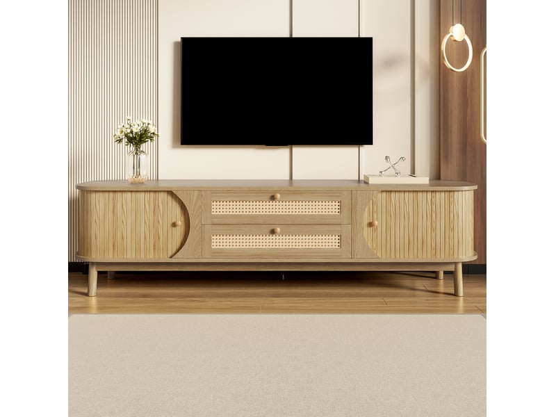  Meuble tv bas 170 x 46 x 39,5 cm portes et tiroirs rotin tressé lamelles bois structure mdf finition bois naturel  - Conforama W