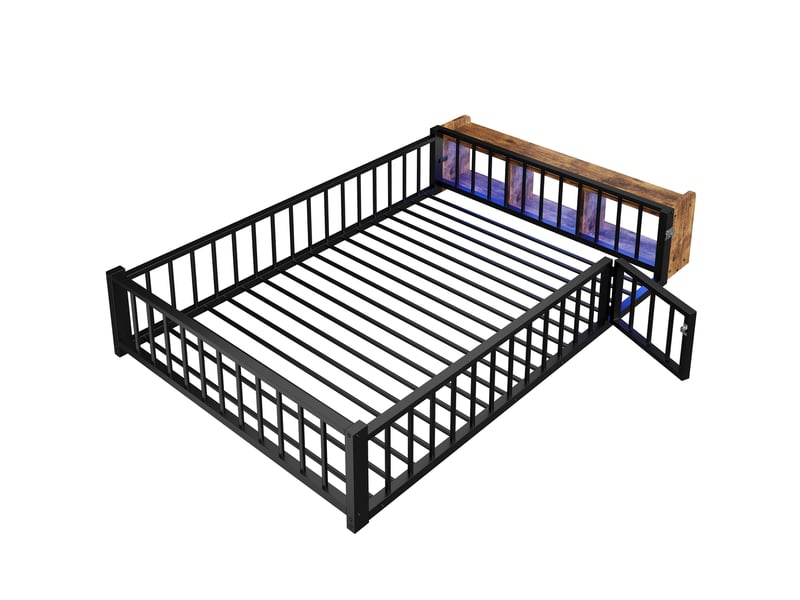  Lit bas métal 140x200 cm noir avec garde-corps, casiers et led intégrées  - Conforama E