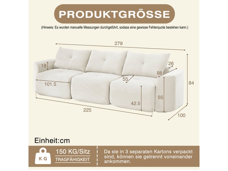 Canapé modulable modenvie 3 places 279 x 100 x 84 cm beige en velours côtelé - Conforama C