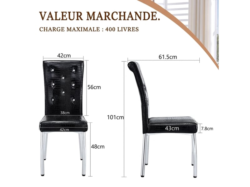  Lot de 2 chaises de salle à manger rétro peau d'alligator, capitonnées avec boutons cristal, pieds en métal galvanisé  - Conforama C