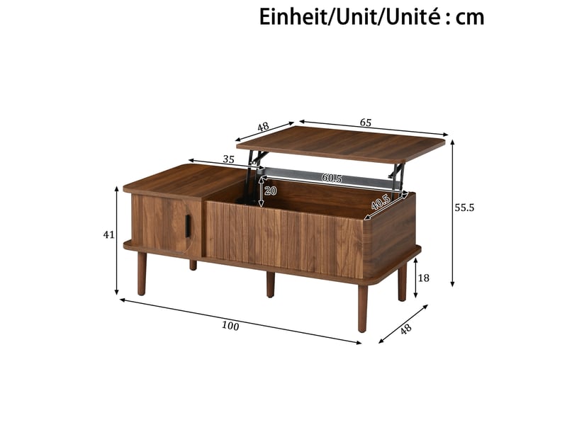  Table basse 100x48x55,5 cm, plateau escamotable, espace de rangement, style rétro, espace salon, salon, en mdf, noyer  - Conforama C