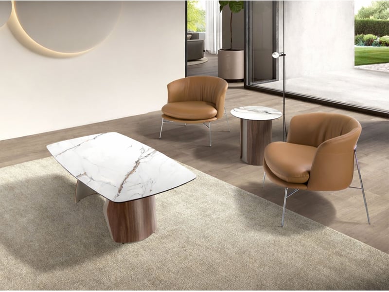 Table basse ovale en marbre porcelainé, acier sable métallisé et noyer  - Conforama R