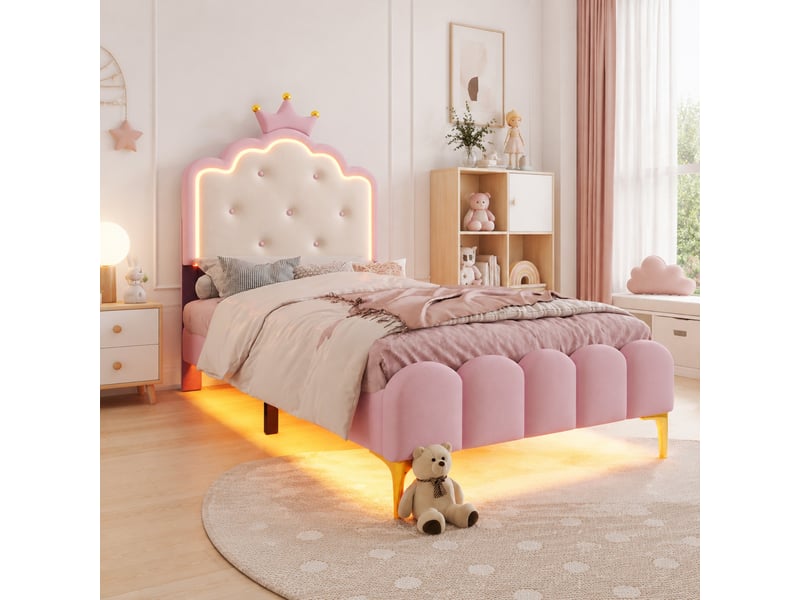  Lit 1 place princesse 90x200 cm avec sommier à lattes et led, rose  - Conforama B