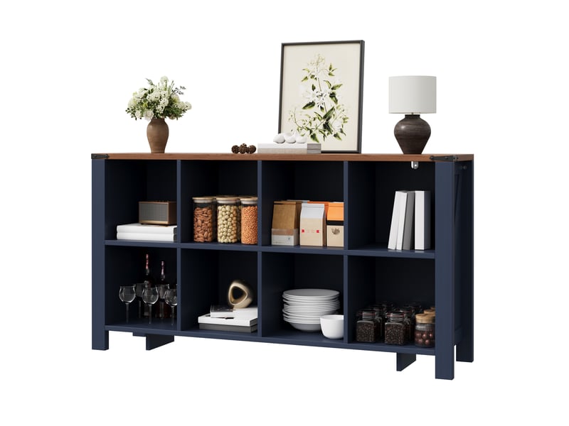 Buffet de rangement bleu en mdf avec 8 compartiments ouverts, 140 x 34 x 75 cm, pour un intérieur organisé - Conforama A