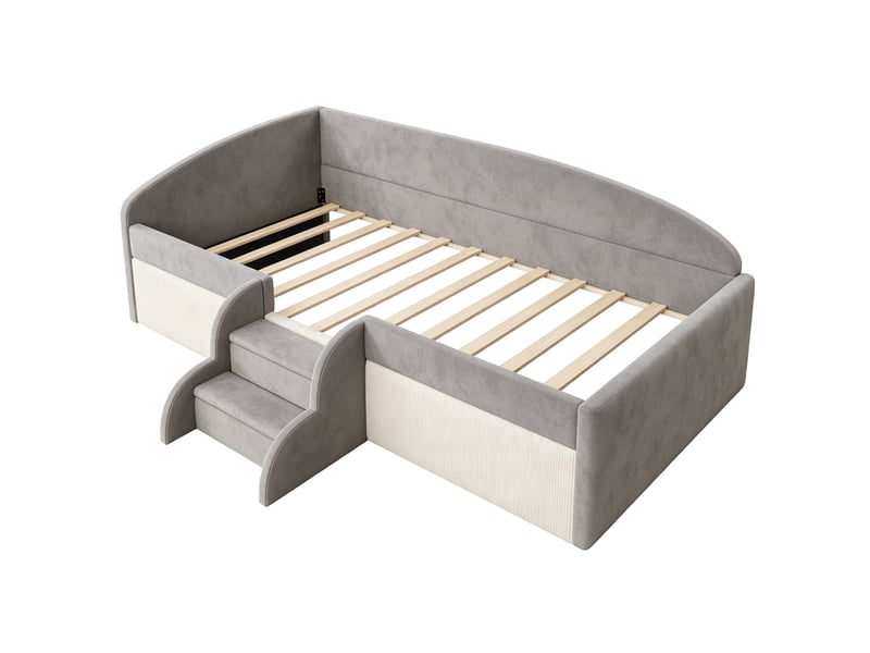 Lit simple 90x190 cm - lit rembourré avec barrières et marches antidérapantes - gris - Conforama R