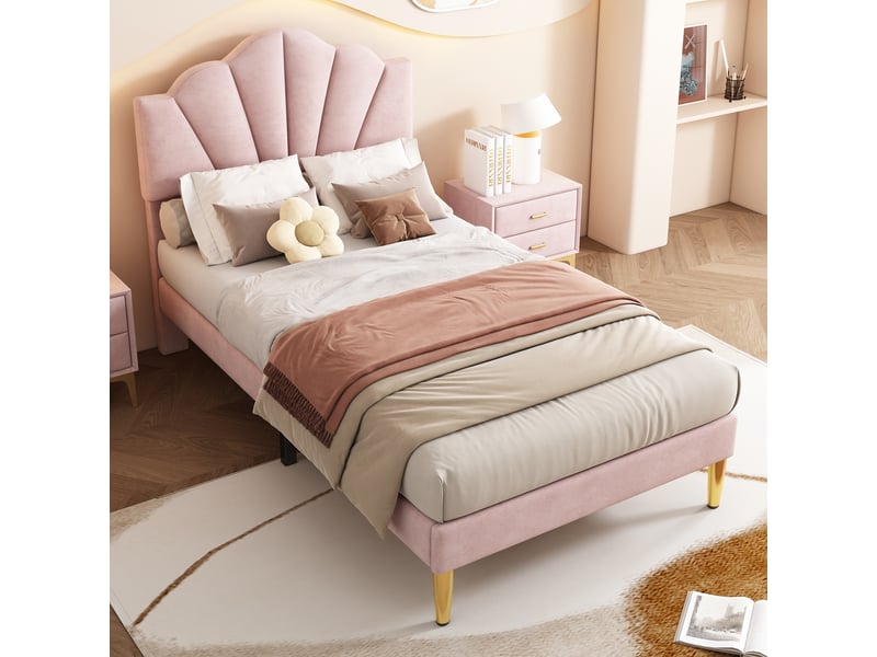  Lit capitonné en velours, 90 x 200 cm, en forme de coquillage avec pieds en fer doré, tête de lit réglable en hauteur, sommier à lattes en bois, rose  - Conforama B