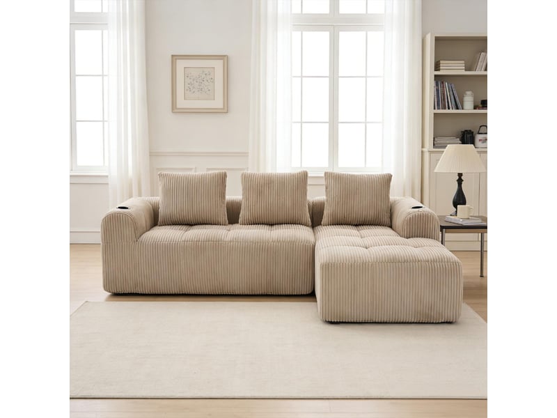 Canapé modulable, 3 places, avec accoudoirs, revêtement en velours côtelé, , sans assemblage, kaki  - Conforama R