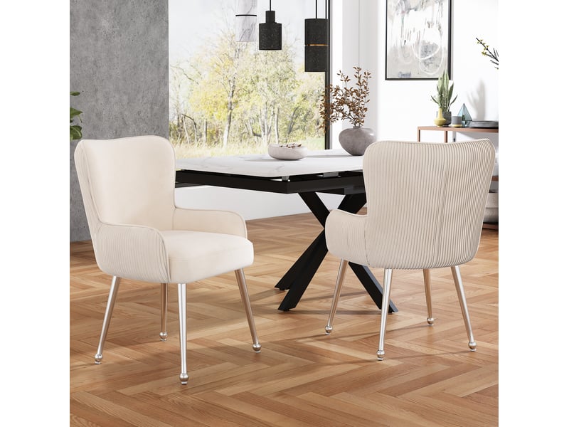  Lot de 6 chaises de salle à manger avec accoudoirs en velours beige  - Conforama D