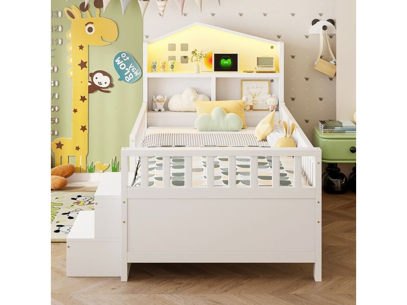  Lit enfant multifonction - 90x200 cm - barrière de sécurité - quatre tiroirs de rangement - marches latérales 212x116x101.5cm - Conforama E