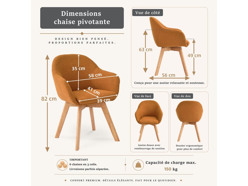  Lot de 6 chaises de salle à manger pivotantes à 360° – tissu effet lin respirant, pieds en bois massif - orange  - Conforama C