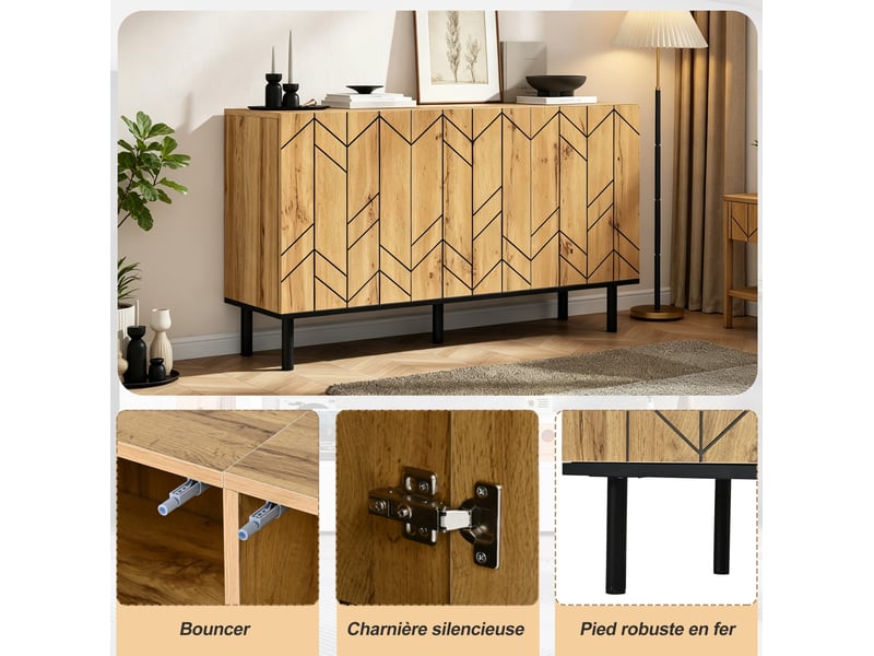 Buffet 120x35x70 cm, 3 portes motif ondulé, bahut de rangement, salon, séjour, panneau de particules et métal, naturel - Conforama E