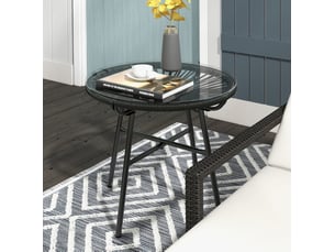 Table basse de jardin en rotin synthétique avec plateau en verre trempé, structure métallique, noire, 50 × 50 × 50 cm