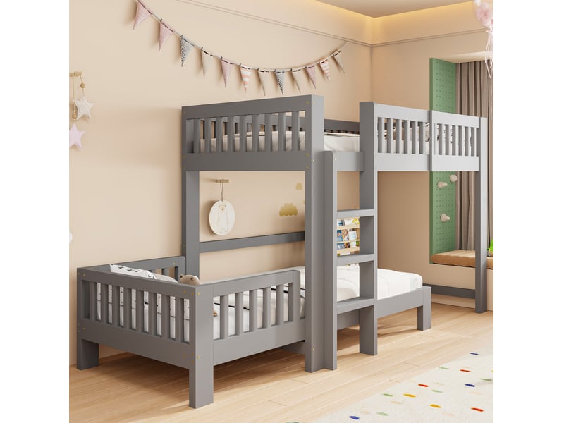 Lit mezzanine enfant modulable 90x200 cm gris mat avec lit simple, sommiers inclus et barrières, sans matelas  - Conforama E