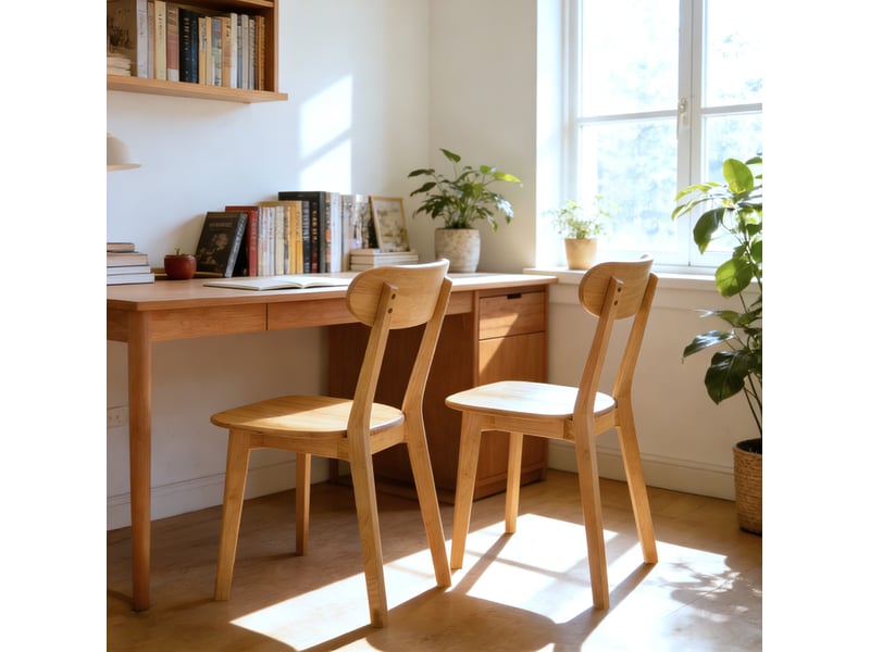  Lot de 2 chaises de salle à manger en bois, style mid-century modern, dossier galbé, pieds réglables, bois clair  - Conforama D