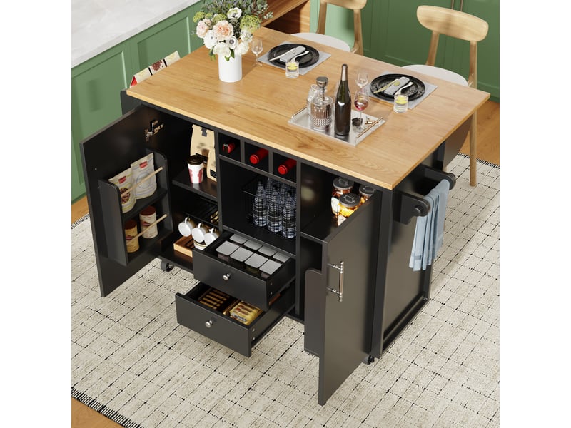  Îlot de cuisine noir et blanc avec plateau pliant, rangement pour vin et épices, 137x73x92 cm  - Conforama B