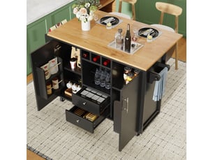 Îlot de cuisine noir et blanc avec plateau pliant, rangement pour vin et épices, 137x73x92 cm