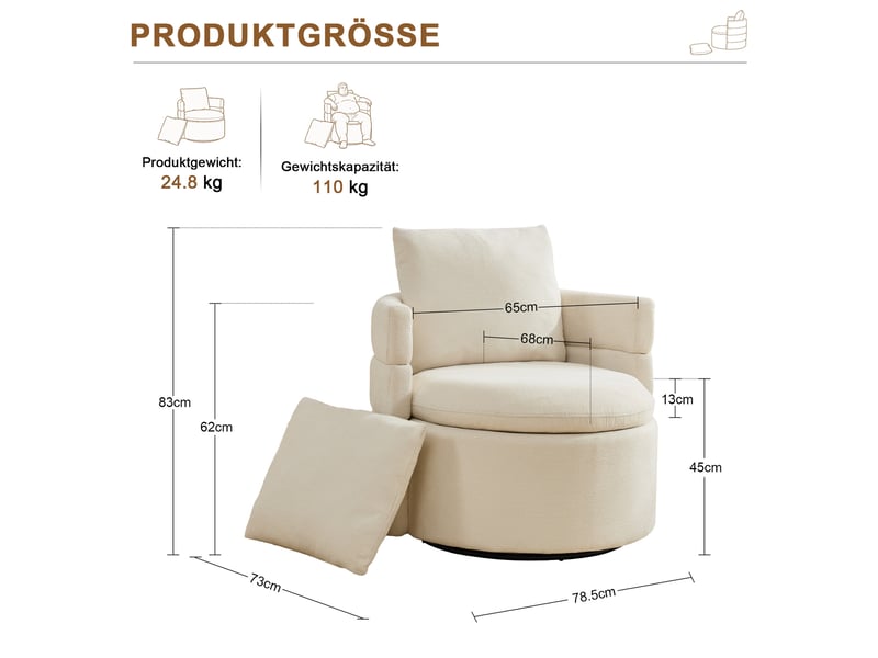 Fauteuil pivotant avec rangement caché et coussin de dossier pour salon et coin lecture en chenille ivoire - Conforama C