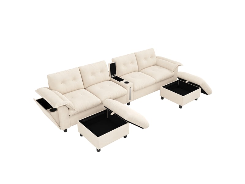  Canapé d'angle modulable 6 places 312 cm en chenille beige, 2 poufs coffres, console led et usb-c Fay Lum - Conforama D