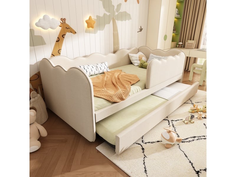  Lit gigogne 2 places 90x190 cm et 90x190 cm avec couchage coulissant et roulettes à frein, sans matelas, beige  - Conforama C