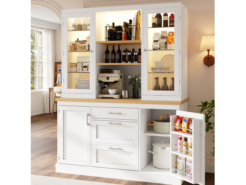  Buffet de cuisine moderne 140x40x185cm, 3 tiroirs et 4 portes, meuble de rangement avec éclairage led, plateau de travail, mdf blanc  - Conforama E