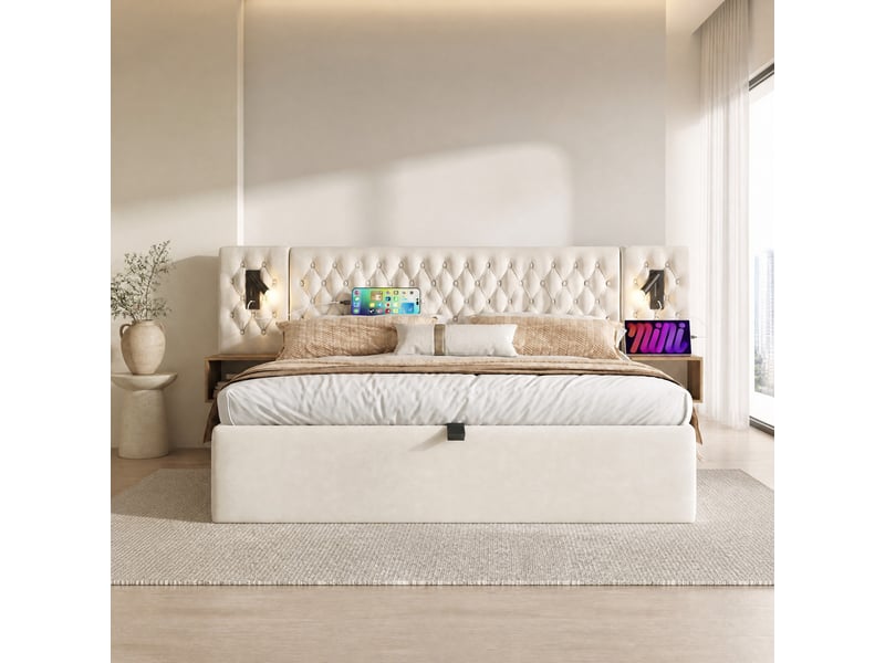  Lit coffre 180 x 200 cm avec 2 tables de chevet, liseuses usb et type-c, beige, velours  - Conforama C