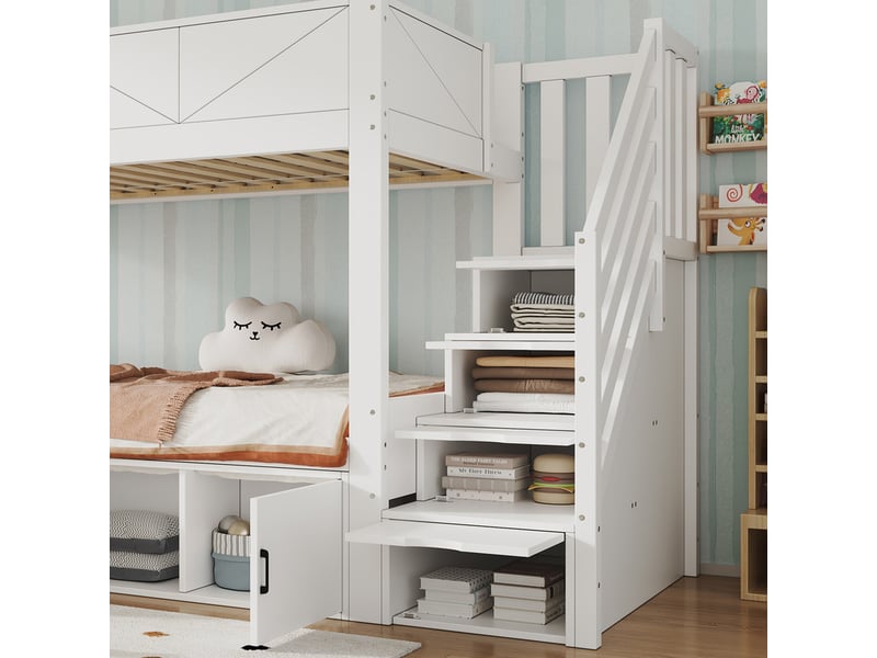  Lit superposé 90x200cm, avec escalier de rangement, compartiments sous lit, barrière haute et étagère à livres, blanc  - Conforama E