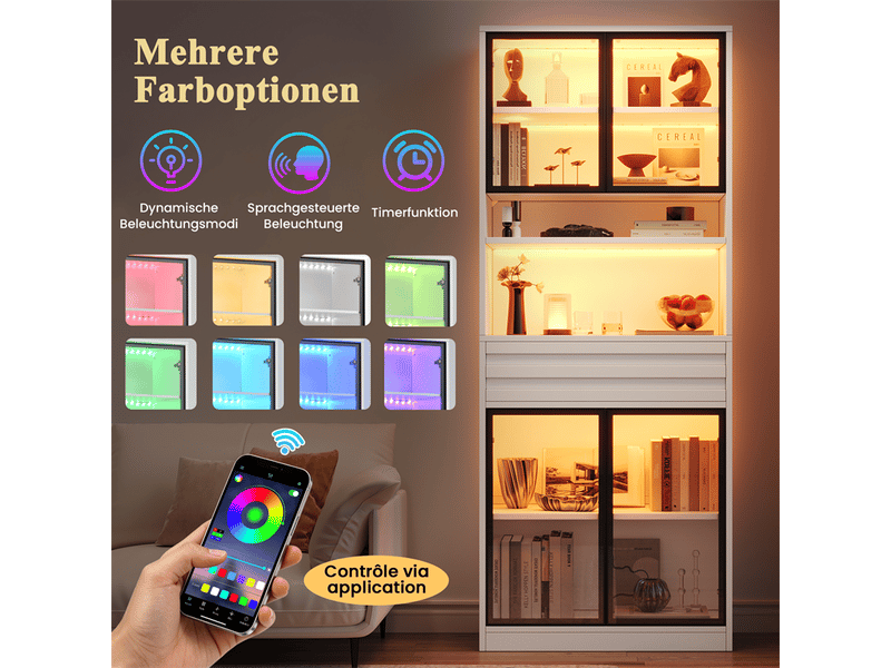  Vitrine haute blanche 80 × 35 × 200 cm, 4 portes vitrées, led rgb  - Conforama B