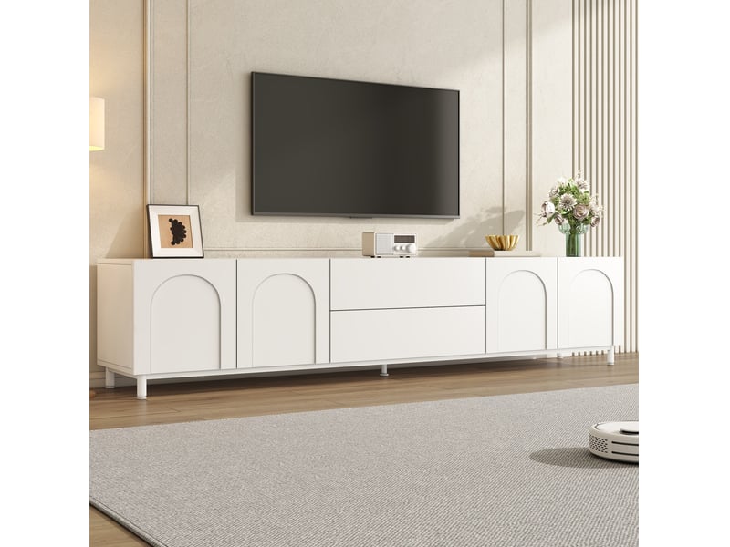 Meuble tv blanc 180 x 40 x 48 cm, 4 portes, 2 tiroirs, mdf et panneaux de particules - Conforama B
