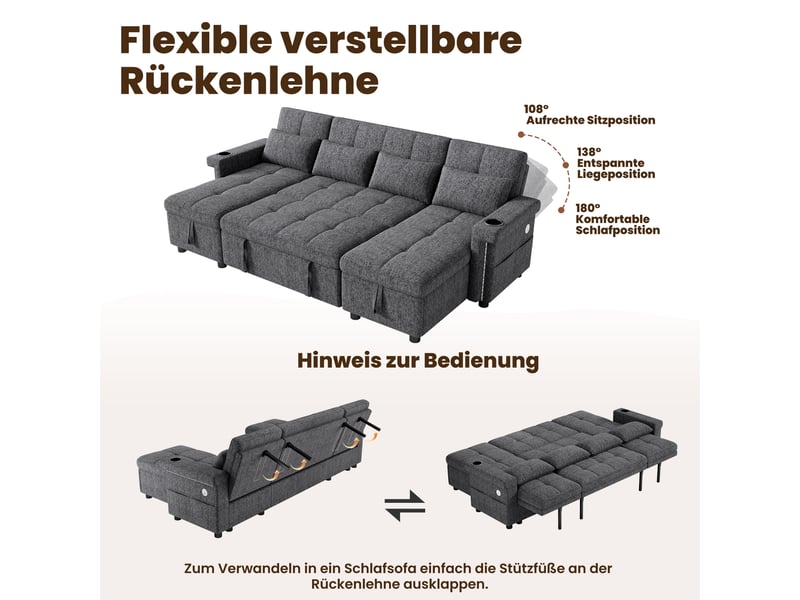  Canapé panoramique en u convertible avec rangement, led, ports usb-c et dossier réglable, chenille gris  - Conforama E