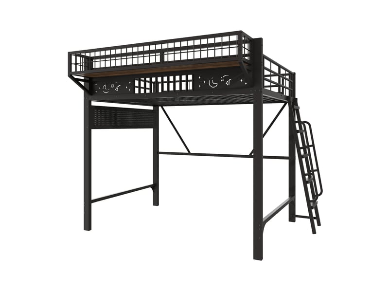 Lit mezzanine 140 × 200 cm 2 places avec rangements latéraux et espace ouvert, sans matelas, en métal noir - Conforama A