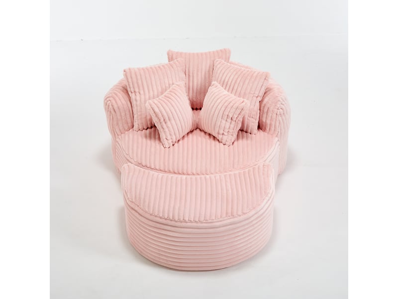 Fauteuil avec pouf rond et cinq coussins, dossier et accoudoirs rembourrés pour salon en velours côtelé rose  - Conforama A
