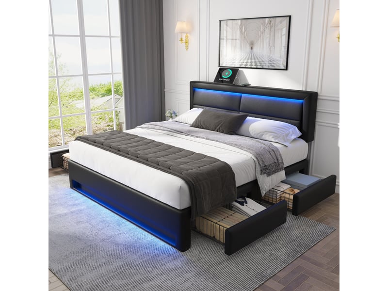  Lit adulte 140x200cm, lit double, 4 tiroirs latéraux, led, charge, tête de lit, pu, noir, sans matelas  - Conforama W
