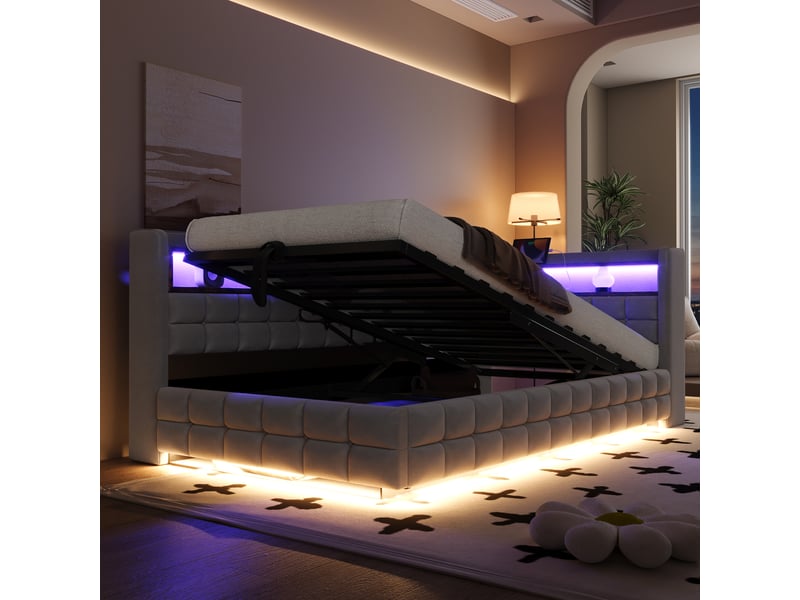 Lit banquette enfant coffre 90 x 200 cm avec led, usb, usb-c, prise et étagères, velours gris clair Fay Lum - Conforama E
