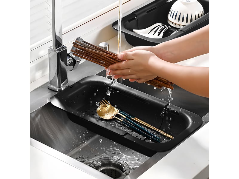  Panier de cuisine extensible au-dessus de l'évier avec trous de suspension – pour laver les légumes, passoire pour filtrer les aliments cuits  - Conforama E