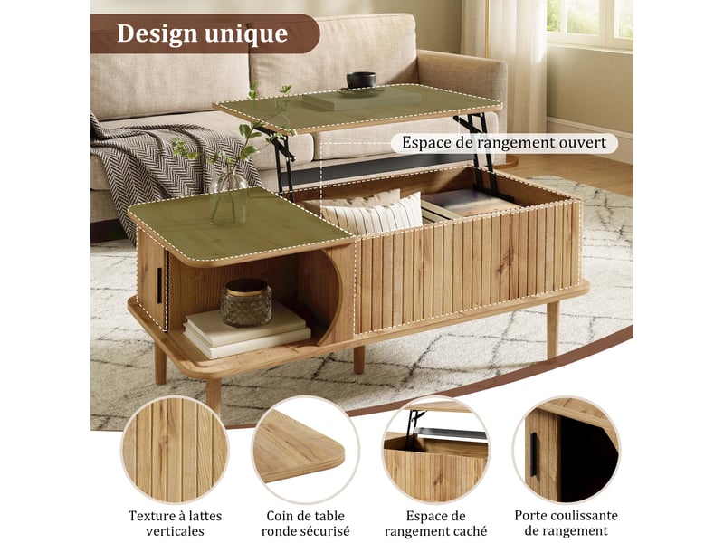  Table basse en mdf et bois 100×48×55,5 cm, avec plateau relevable, porte coulissante, rainures verticales et pieds ronds  - Conforama E