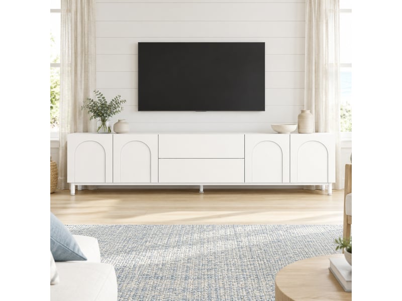  Meuble tv blanc 180 x 40 x 48 cm avec 4 portes et 2 tiroirs  - Conforama C