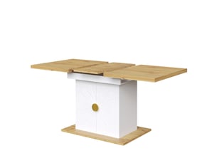 Table à manger rectangulaire extensible 110-140 x 70 cm avec rangement intégré, plateau mdf effet bois, relief soleil et poignées dorées