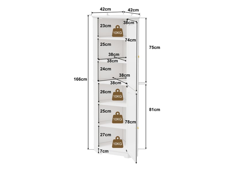  Meuble d'angle de rangement avec 2 portes et étagères réglables pour cuisine et salon en mdf 42×42×166 cm blanc  - Conforama D