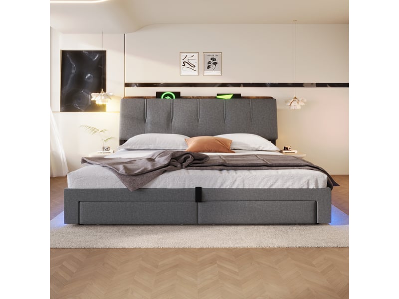  Lit coffre 180x200 cm, lit double, rangement hydraulique, led, usb et usb-c, lin gris  - Conforama R