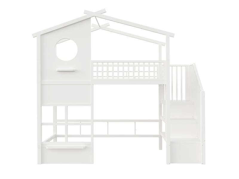  Lit mezzanine 90x200 cm blanc en métal avec escalier rangement, led et barrières  - Conforama A