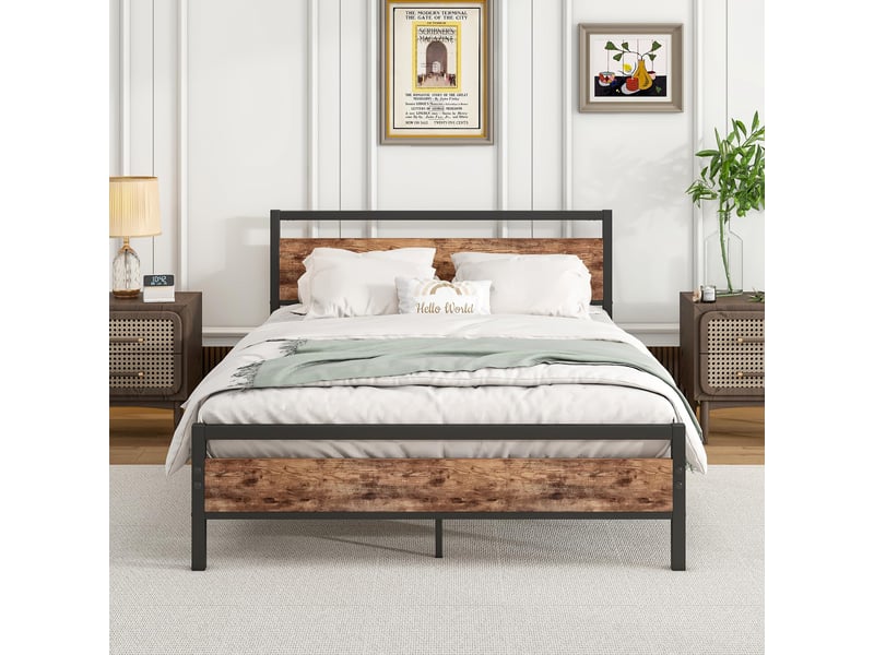  Lit double 140×200 cm avec rangement sous cadre - okmyhome- tête et pied en mdf, sans matelas, brun ancien  - Conforama C