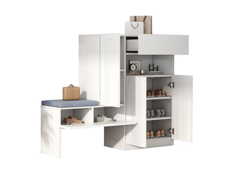  Meuble à chaussures ulevr 2 en 1 avec banc, rangements et portes à fermeture douce, 130 x 35 x 110 cm, panneaux de particules blancs  - Conforama A
