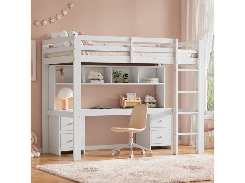  Lit mezzanine enfant 200×90 cm avec bureau, 4 tiroirs et 4 compartiments de rangement, en pin et mdf blanc  - Conforama B