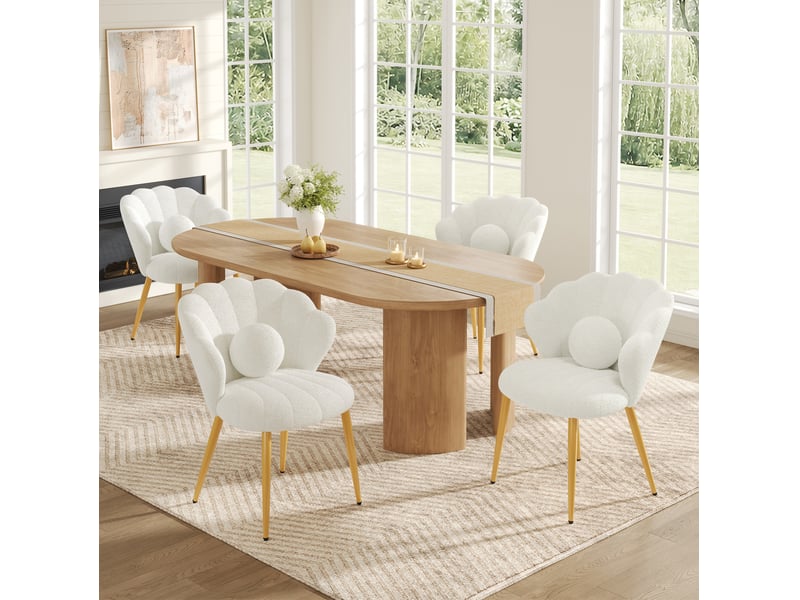 Lot de 4 chaises de salle à manger dossier coquillage en tissu teddy blanc, pieds dorés - Conforama B