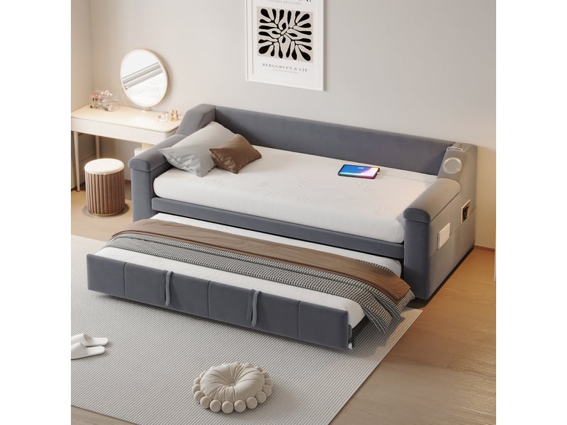  Canapé-lit 90x190 cm avec chaîne stéréo bluetooth intelligente et usb, lit gigogne avec sommier à lattes, velours, gris  - Conforama C