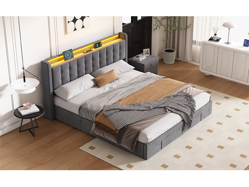 Lit rembourré ulevr 180x200 cm avec rangement, 2 tiroirs, usb et éclairage led, velours gris foncé  - Conforama D